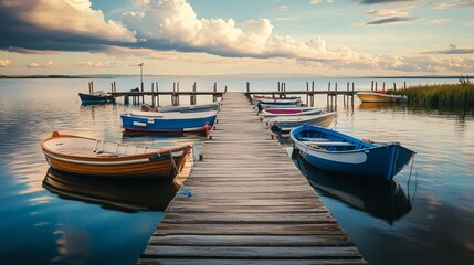 Serene Pier and Moored Boats on Calm Waters