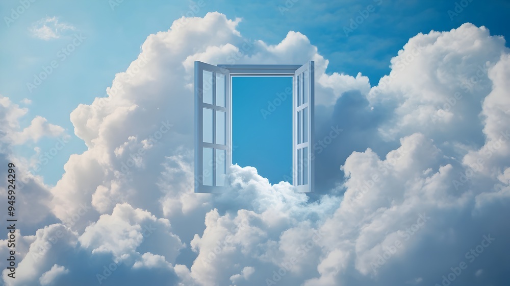Poster a conceptual digital depicting a floating window frame suspended in a tranquil ethereal sky surround