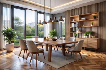 Fototapeta premium Interior design of modern dining room, dining table and wooden chairs. 3d rendering.