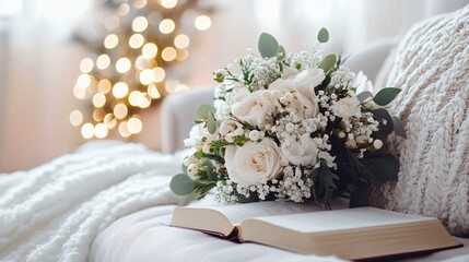 Elegant Winter Wedding Bouquet and Book on Indoor Sofa