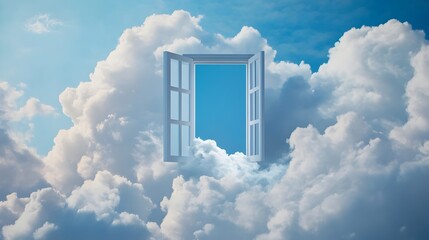 A conceptual digital depicting a floating window frame suspended in a tranquil ethereal sky surrounded by wispy calming clouds and offering ample negative space for text or design elements
