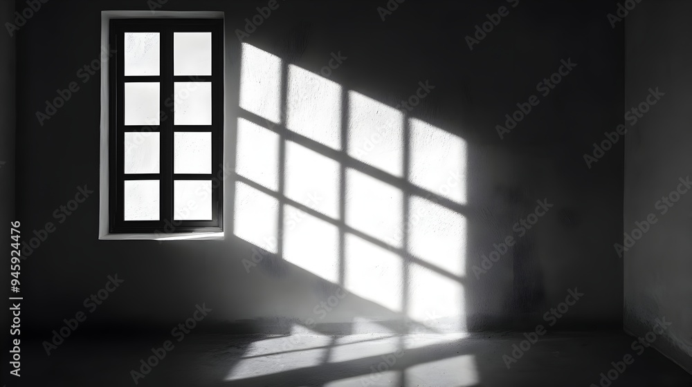 Poster a conceptual image of a window with light streaming through casting geometric shadows and creating a