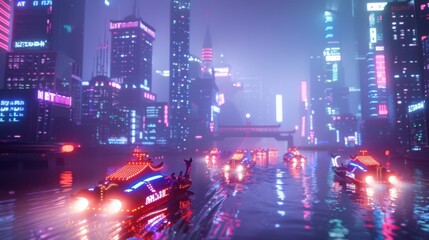 Obraz premium Boat Cruise in Cyberpunk City Riverways
