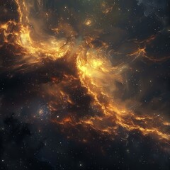 Cosmic Nebula with Golden Glowing Clouds and Scattered Stars