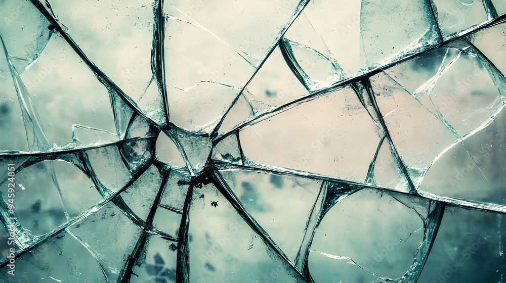 Poster Conceptual image of a shattered glass window with the broken fragments arranged in a dynamic geometric pattern  The abstract design creates an elegant