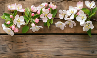 Spring apple blossoms flowering branch on wooden background with copy space
