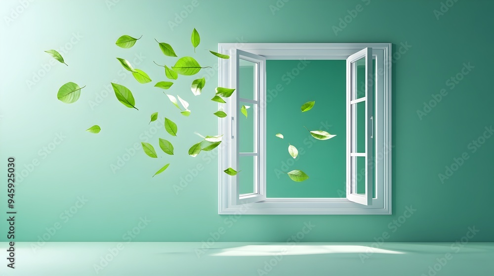 Poster a conceptual and minimalist image depicting an open window with fresh leaves gently blowing inside c