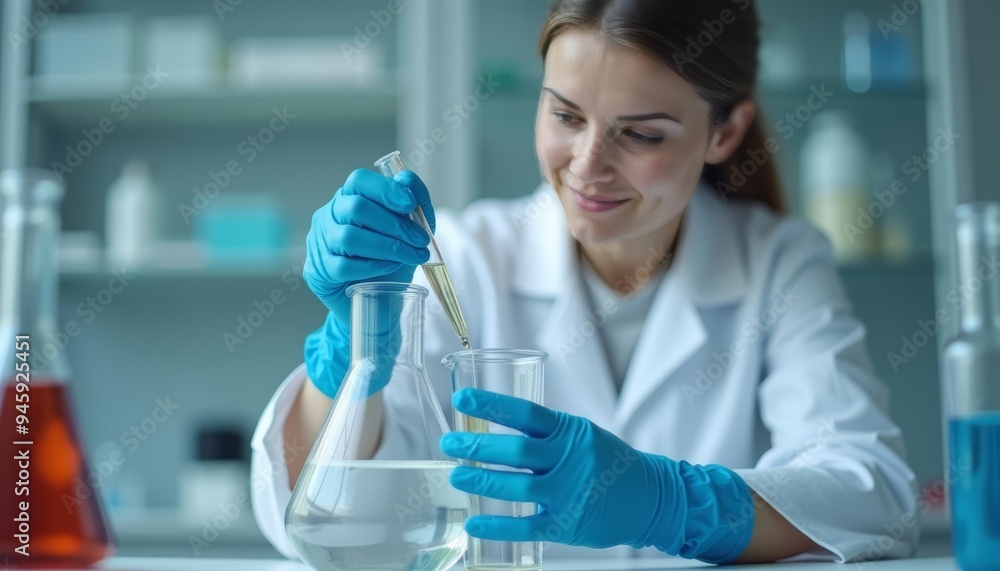 Poster enthusiastic scientist conducting an experiment with precision