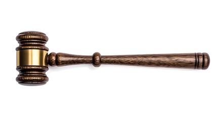 Wooden judge's gavel with brass band, detailed grain texture, rich brown color, circular sound block, pure white background, high resolution, sharp focus, studio lighting.