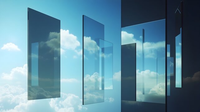 Conceptual digital art image featuring multiple floating geometric windows suspended in an ethereal boundless space  Represents creativity imagination