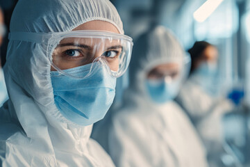 Scientists wearing full personal protective equipment work in a laboratory
