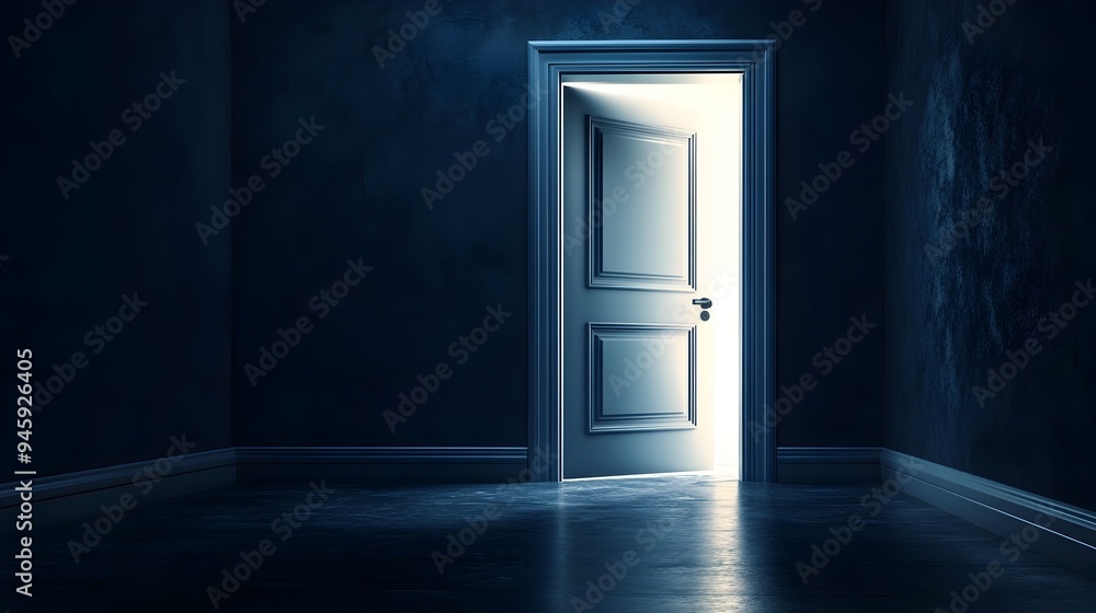 Poster a conceptual image depicting a half open door in a dark hallway creating a sense of mystery and curi