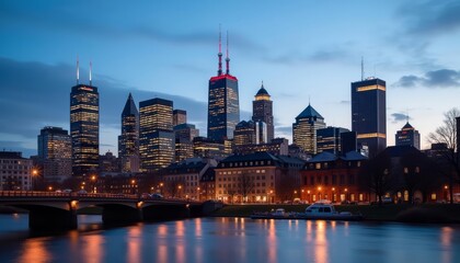 Obraz premium Cityscape at dusk illuminated skyscrapers reflected in the water