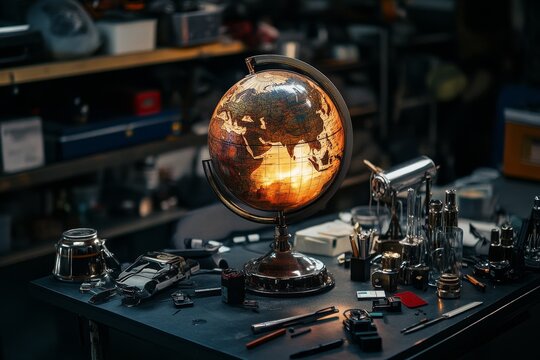 An illuminated antique globe sits on a cluttered desk with tools, a miniature car and other objects.