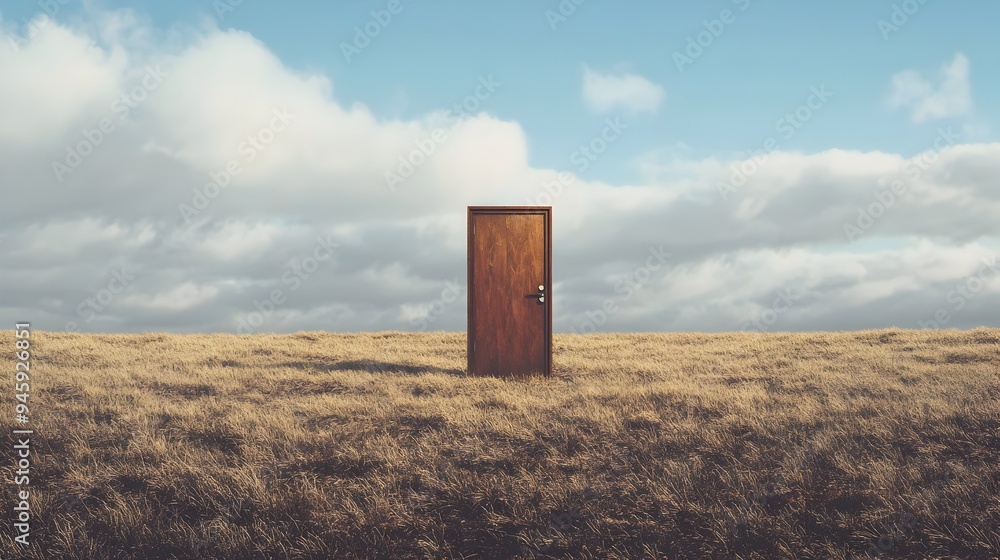 Poster a conceptual image depicting a solitary door floating in the middle of an empty field symbolizing th