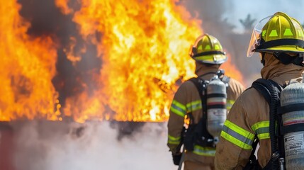 Two firefighters in protective gear fighting a large fire with intense flames, showcasing bravery and emergency response in action.
