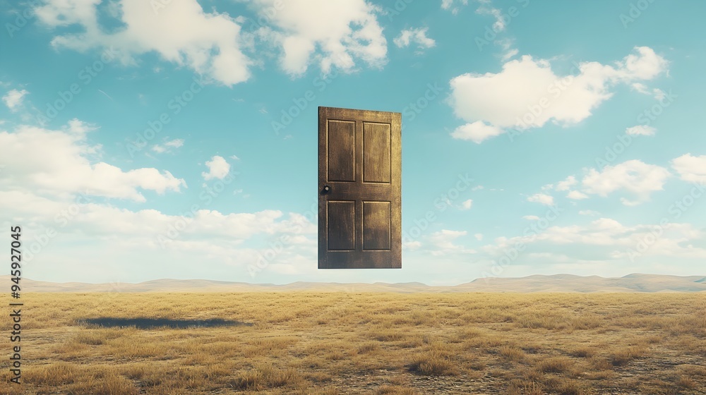 Poster a conceptual landscape image featuring a floating door suspended in the middle of an empty serene fi