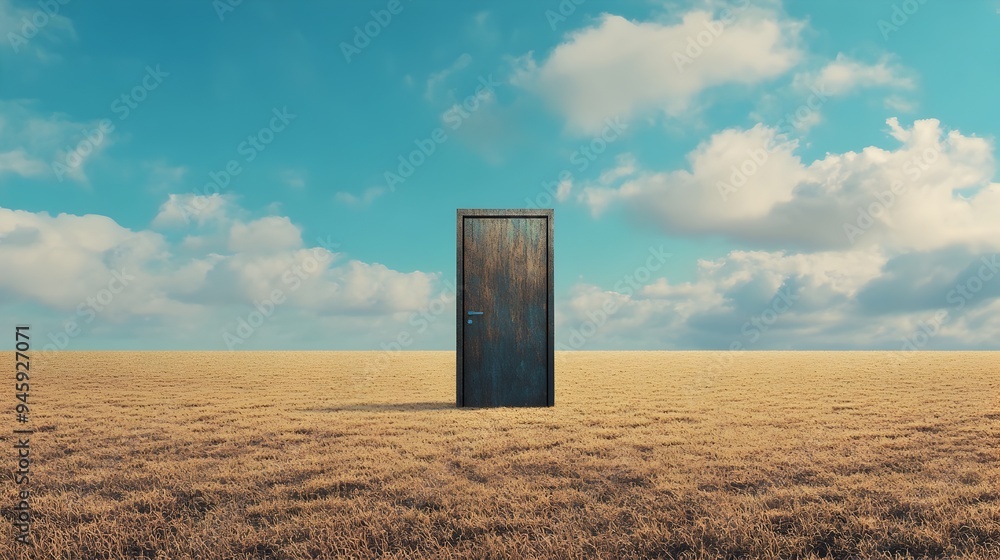 Poster conceptual image of a floating door suspended in the middle of an empty serene landscape the simple 