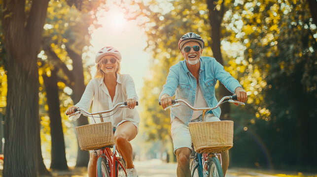 Happy mature couple riding bicycles in park. Cheerful active senior couple riding bikes together and having fun. active aging lifestyle, senior life. Mature man and woman actively resting outdoors