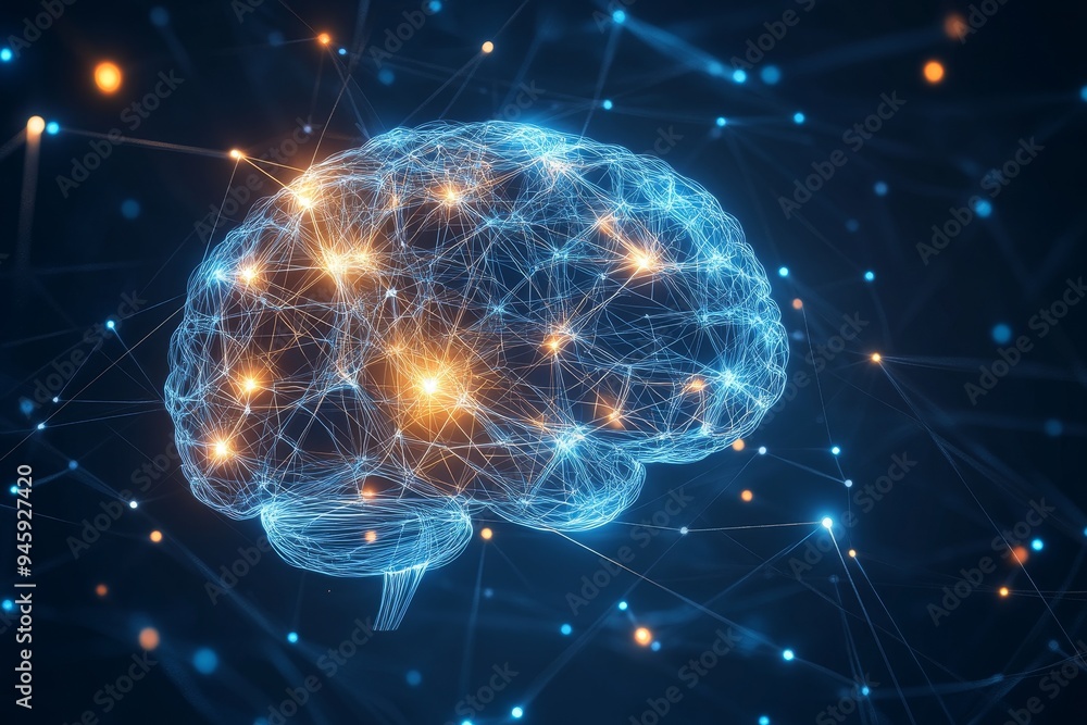 Poster a stylized human brain with glowing nodes and lines representing neural connections and the complexi