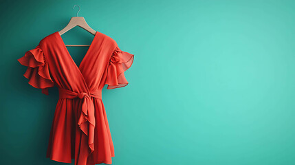 Red dress with ruffles hanging on a hanger against a turquoise wall.