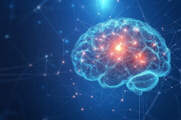 Abstract digital brain illustration with glowing neural pathways and connected dots.