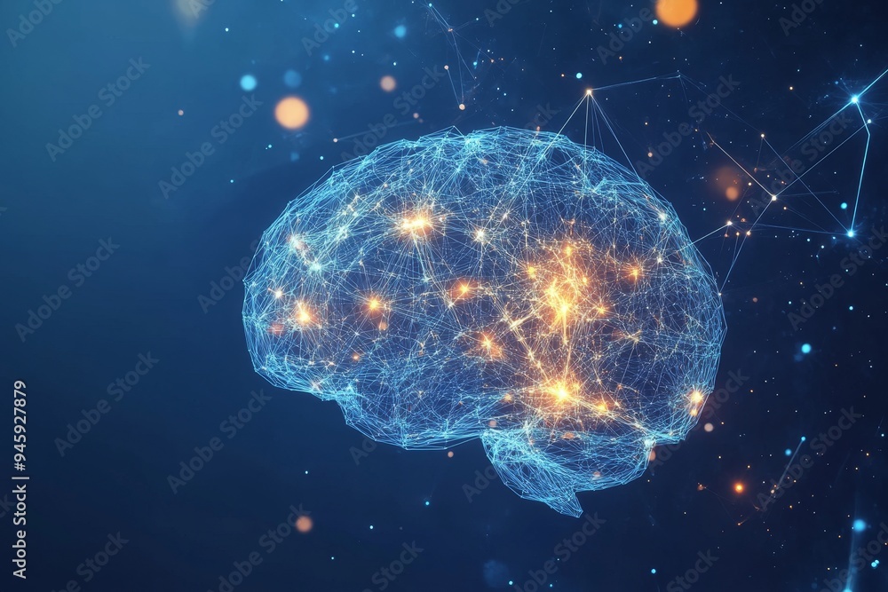 Poster a digital rendering of a human brain with glowing nodes, representing neural pathways and connectivi
