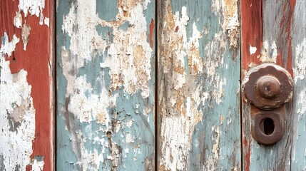 Conceptual image of an old rustic wooden door with peeling and distressed paint providing a weathered atmospheric background with copy space for text or design