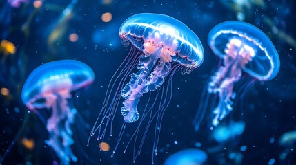 Close-up photo of glowing jellyfish in deep blue water, showcasing their bioluminescence and intricate details in an underwater environment.