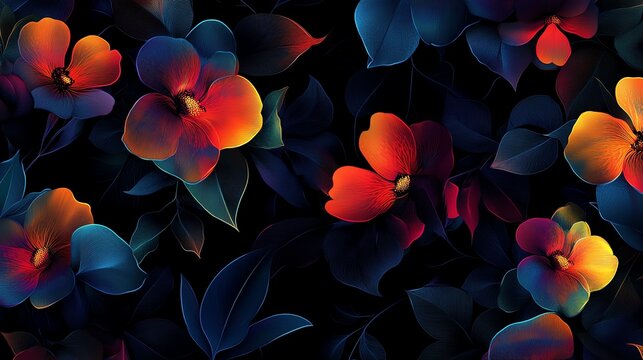 Elegant, vibrant floral pattern with dark background. Brightly colored flowers create a striking and sophisticated design for various uses.