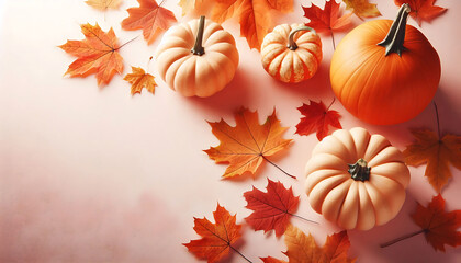 Fototapeta premium A collection of small orange pumpkins arranged on a soft beige background autumn leaves in shades of orange and brown