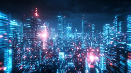 Obraz premium Futuristic cityscape with glowing skyscrapers and neon lights creating a cyberpunk atmosphere, conveying modern technology and urban development.