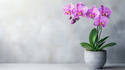 Vibrant Orchid Flower Blooming in Pot Against White Wall Space