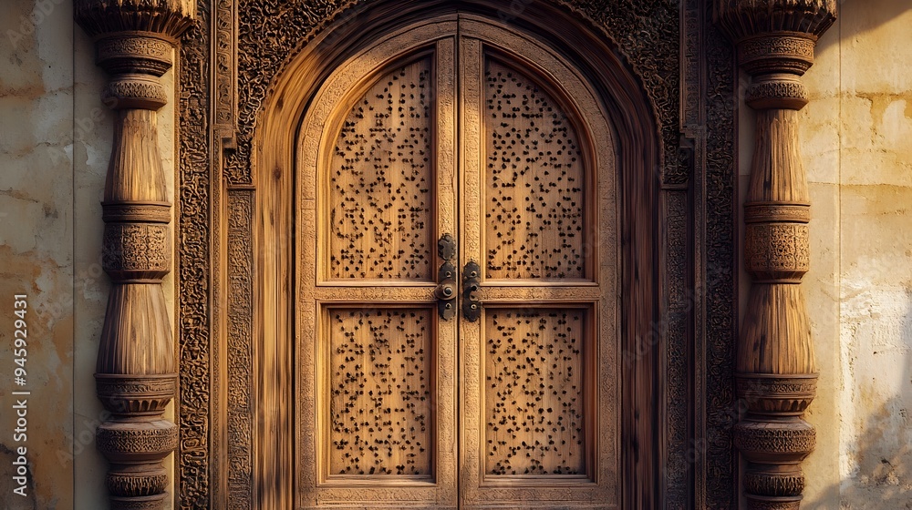 Poster a conceptual image showcasing an intricately carved wooden door with a striking minimalist design an