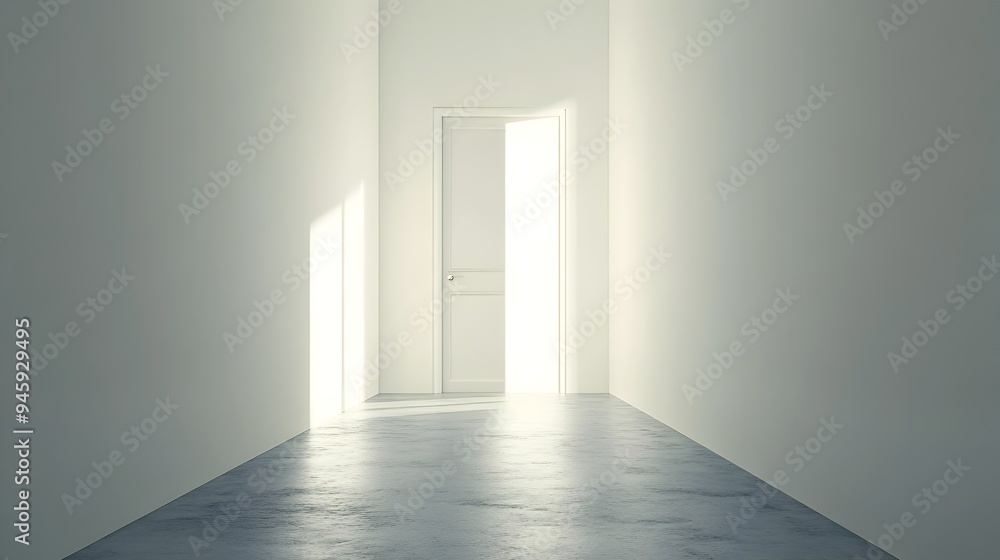 Poster a conceptual image of a simple narrow corridor leading to a door at the end providing a sense of vis
