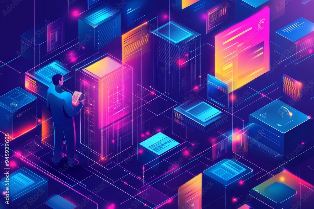Poster a businessman stands in front of a server rack, examining data on a tablet amidst a network of glowi