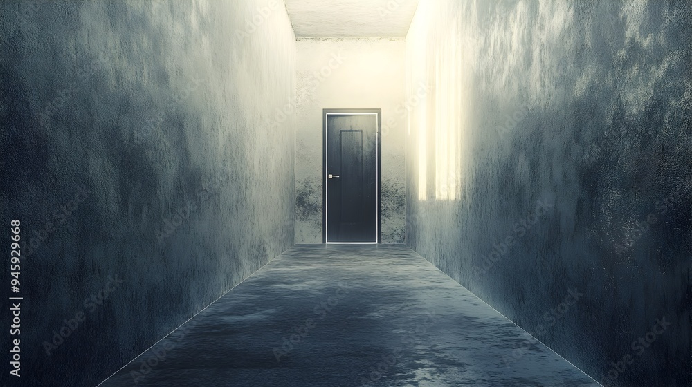 Poster a conceptual image depicting a door at the end of a long narrow corridor with ample copy space symbo