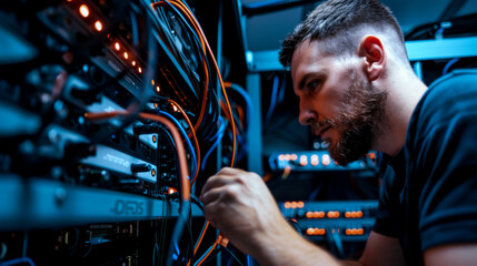 Internet Security Consultant Working on Server Hardware. internet security consultant troubleshooting server hardware in data center, highlighting complexities of IT infrastructure and cybersecurity.