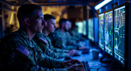 Group of military personnel in a secure facility, focusing on cybersecurity tasks and monitoring network operations, emphasizing national security and defense technology.