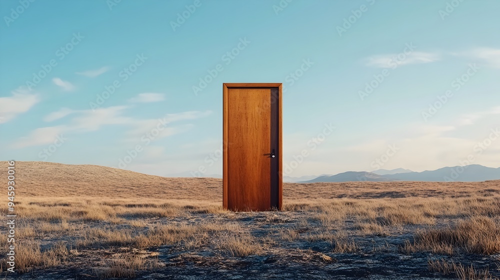 Poster a conceptual architectural design featuring a floating doorway suspended in mid air with no visible 