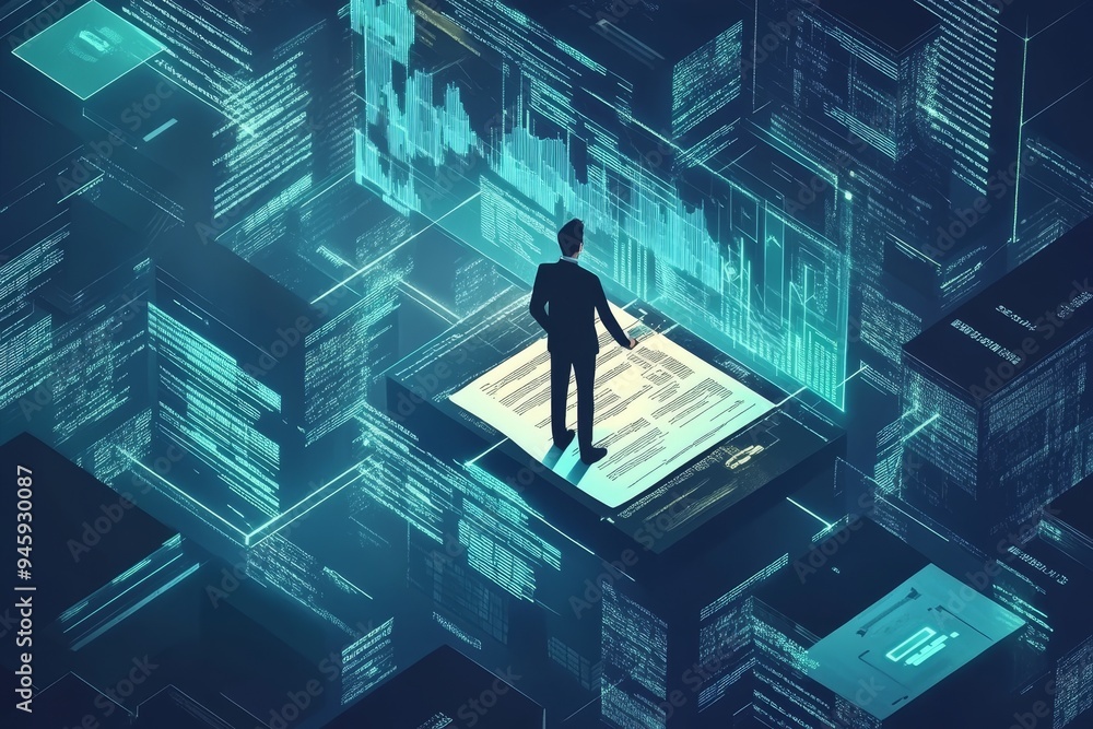 Poster a businessman stands on a document, surrounded by data and code, looking at a chart.