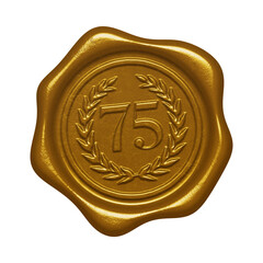 Gold wax seal with embossed number 75 isolated on transparent background