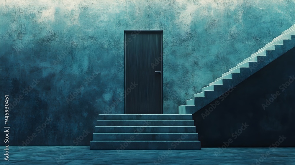 Poster conceptual image of a door leading to an endless infinitely ascending staircase with open copy space