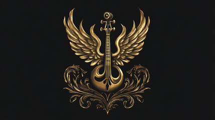 Fototapeta premium A gold-colored guitar with wings, surrounded by ornate floral accents, set against a black background.