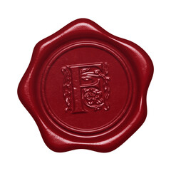 Red wax seal with embossed letter F monogram initial isolated on transparent background