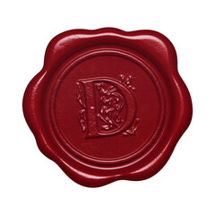 Red wax seal with embossed letter D monogram initial isolated on transparent background