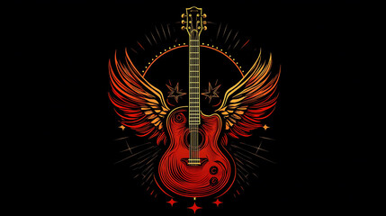 A red acoustic guitar with golden wings and stars.