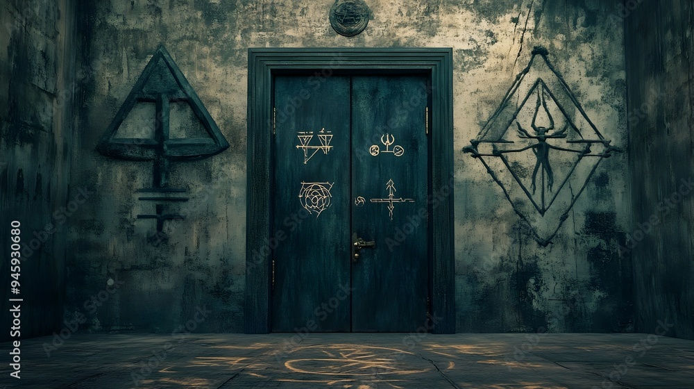 Poster conceptual digital art depicting a mysterious door with abstract symbols and markings hinting at an 