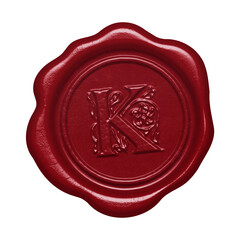 Red wax seal with embossed letter K monogram initial isolated on transparent background