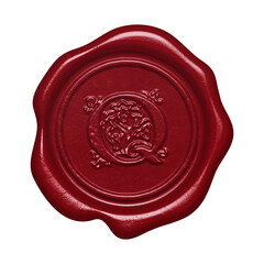 Red wax seal with embossed letter Q monogram initial isolated on transparent background